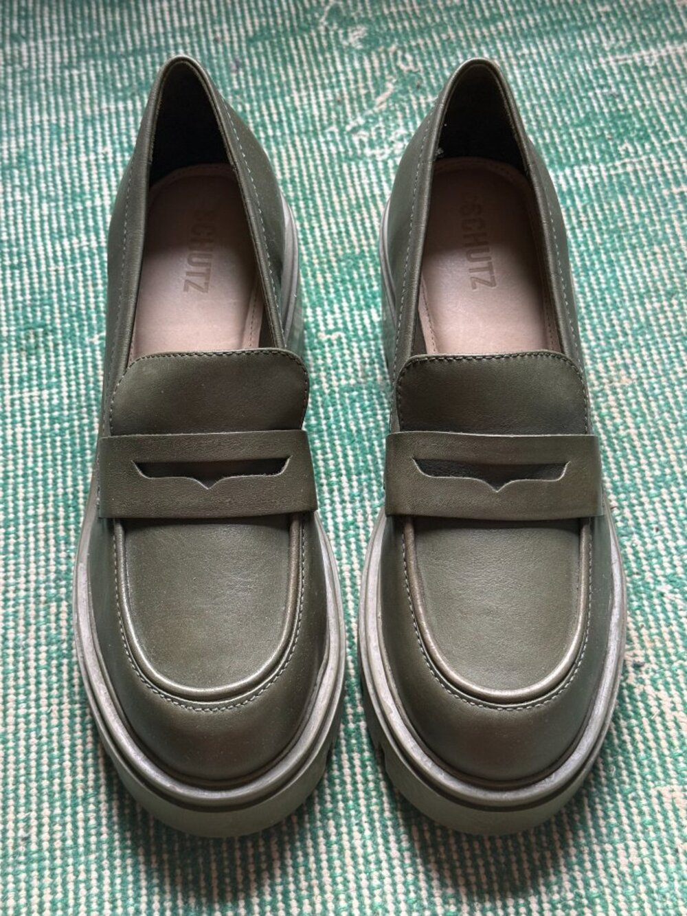 SCHUTZ Viola Tractor Leather Flats Sz10B in Military Green - Picture 3 of 7
